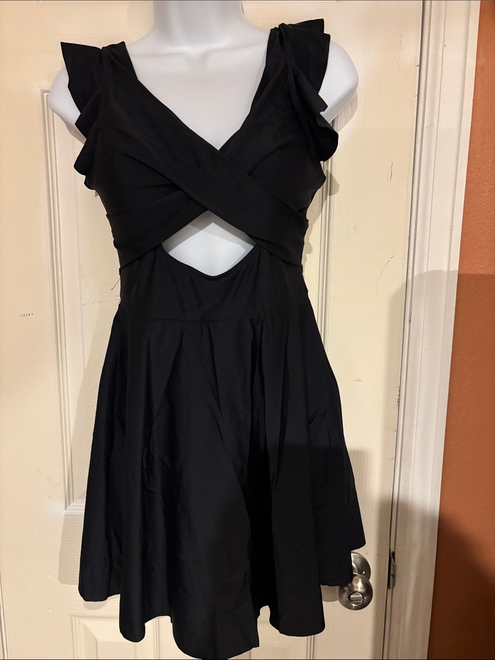 Black Ruffle-Sleeve One-Piece Swimsuit with Front Cutout